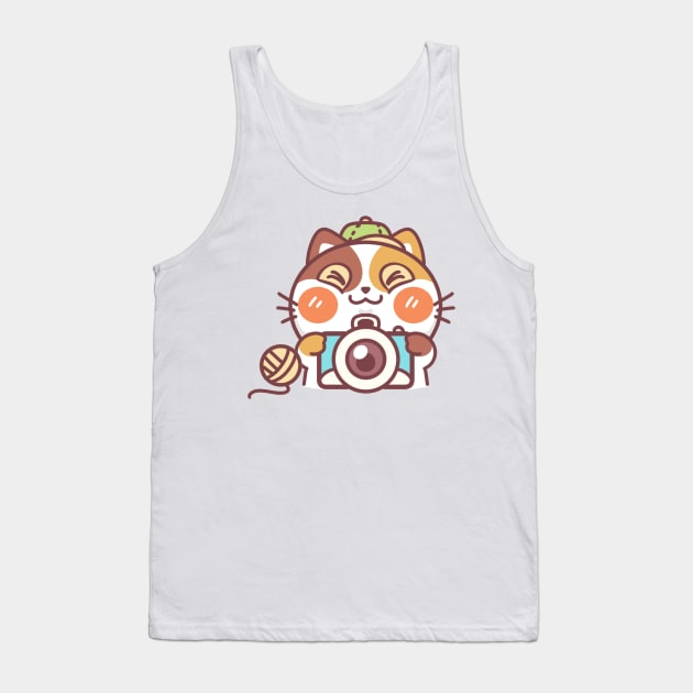 Adventurous Cartoon Cat with Camera and Yarn Tank Top by mumeaw